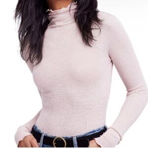 Free People Turtleneck Top Shirt XS Pink Waffle Knit Lettuce Hem